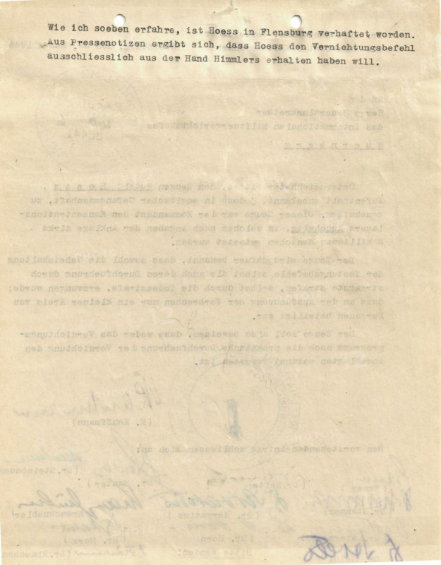 This continuation of the 25 March 1946 application addresses additional procedural details for approving Rudolf Höß as a witness before the International Military Tribunal in Nuremberg. It contains information on witness credentials, legal authorization, and administrative instructions, providing documentation of trial management and the legal framework applied to international tribunal proceedings following World War II.