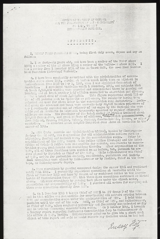 This document contains the first page of the testimony given by Rudolf Höß, former commandant of Auschwitz concentration camp, at the Nuremberg trials on 5 April 1946. It details administrative responsibilities, camp operations, prisoner management, and aspects of the Holocaust. The testimony serves as primary historical evidence for legal proceedings, Nazi atrocities, documentation of concentration camp practices, and post-war accountability of perpetrators.