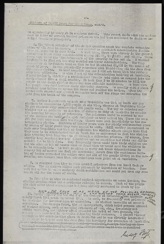 This document contains the second page of Rudolf Höß's testimony at the Nuremberg trials on 5 April 1946. It continues to detail concentration camp administration, prisoner treatment, forced labor, and systematic atrocities. The testimony provides historical evidence of Holocaust events, Nazi operational structure, legal proceedings, and accountability of perpetrators, forming part of the archival record of World War II crimes.