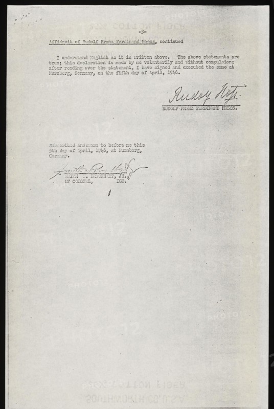 This document contains the third page of Rudolf Höß's testimony at the Nuremberg trials on 5 April 1946. It continues descriptions of Auschwitz camp operations, administrative duties, prisoner treatment, and implementation of genocidal policies. The page contributes to historical records of the Holocaust, Nazi atrocities, legal accountability, and post-war justice, serving as primary evidence in archival collections of World War II documentation.