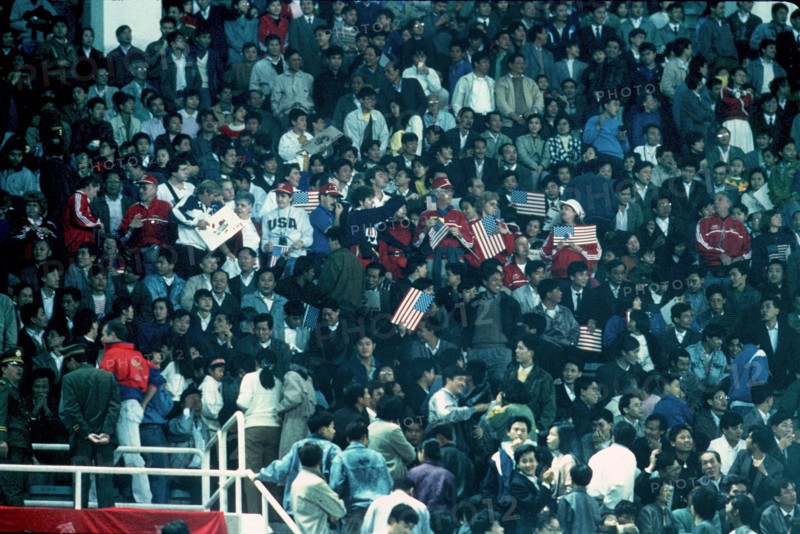 Crowds look on during the 1991 FIFA Women's World Cup in China. This was the first Women's World Cup.