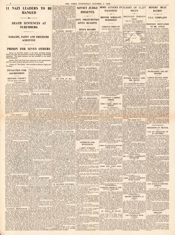 1946 The Times page 4 Guilty verdicts at Nuremberg trials