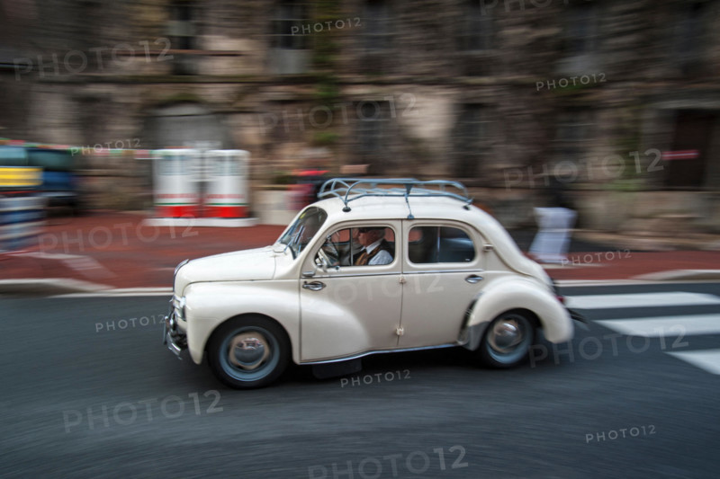 Classic car Renault 4CV during the Embouteillage de la Route Nationale 7, happening for antique cars at Lapalisse, France