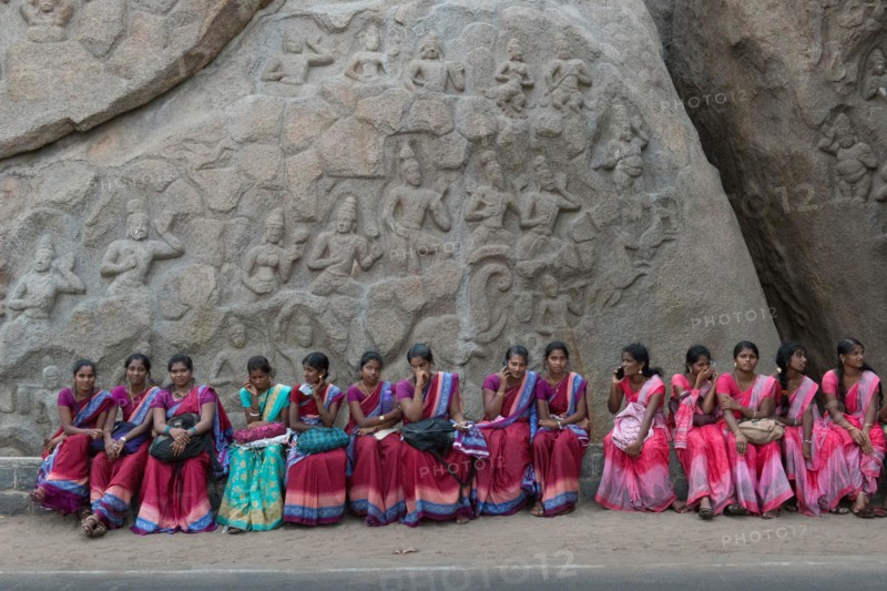 School Girls In Front Of Rock With Carvings, Mamallapuram (Mahabalipuram)