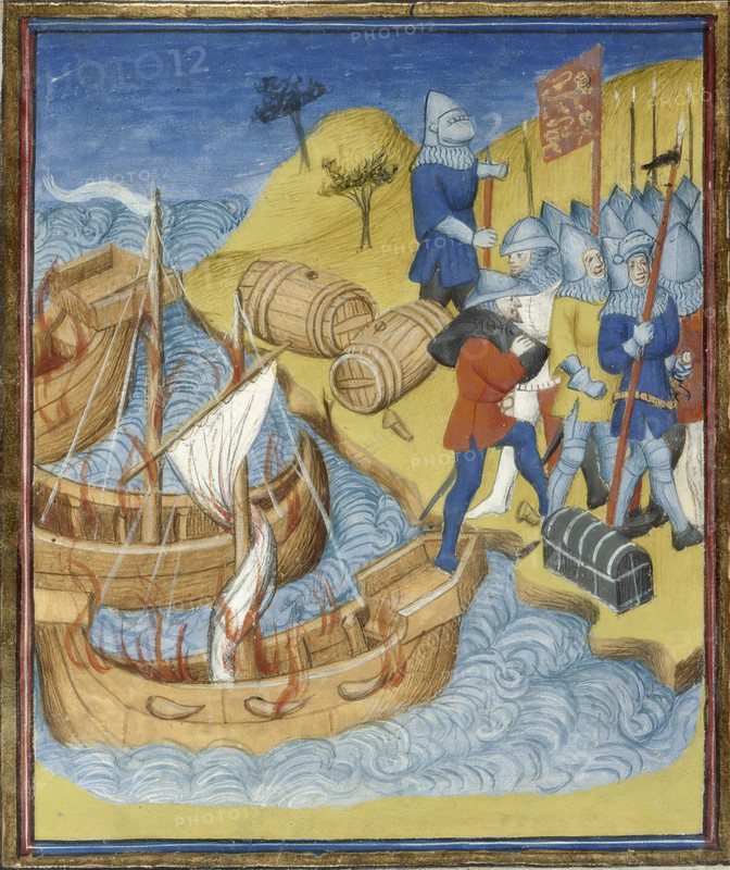 William I of England, also known as William the Conqueror, is depicted during his famous landing in England. This historic event marked the beginning of Norman rule in England following the Battle of Hastings in 1066.