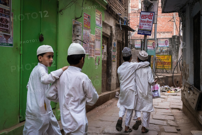 Muslim school-boy friends on the streets in Varanasi, India.