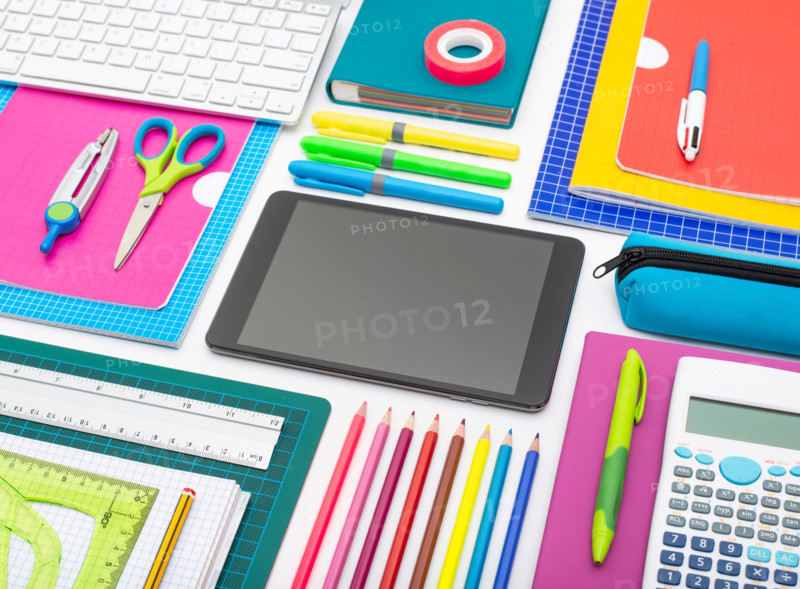 Back to school background header on white with digital tablet. Web design template.