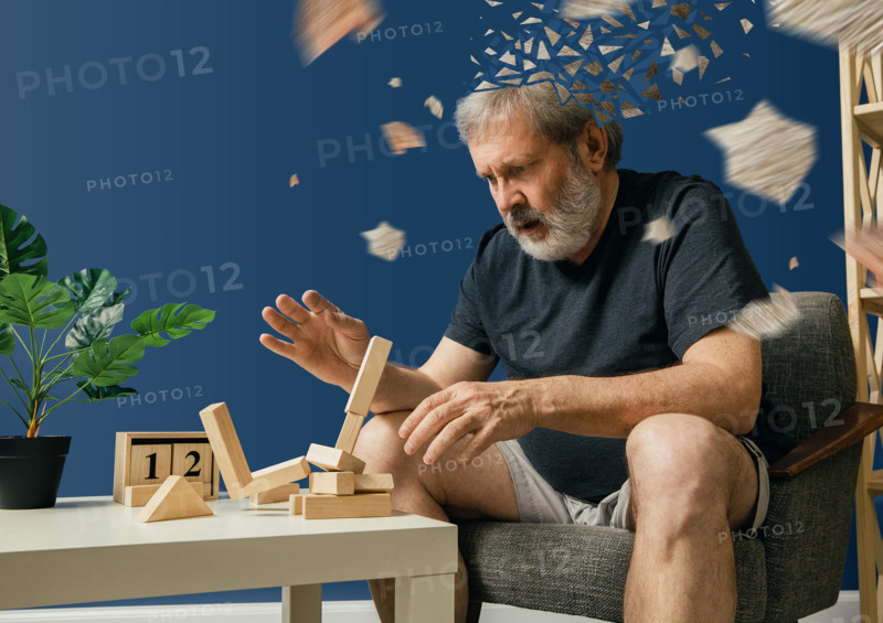 Drown image of losing of mind. Old bearded man with alzheimer desease has problems with his hands motor skills. Concept of illness, memory loss due to