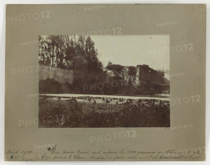 WALL WHICH ARE BURIED BEHIND THE PEOPLE guillotined in 1300 INSTEAD OF THE THRONE FOR TERROR, FOR TAKING A GARDEN LOCATED 41 BOULEVARD PICPUS, 12TH DISTRICT, PARIS Mur derrière lequel sont enterrés les 1300 personnes guillotinées à la place du Trône pendant la Terreur, vue prise d'un jardin situé au 41 boulevard de Picpus, Paris (XIIème arr.). Août 1902. Photographie d'Emmanuel Pottier (1864-1921). Paris, musée Carnavalet.
