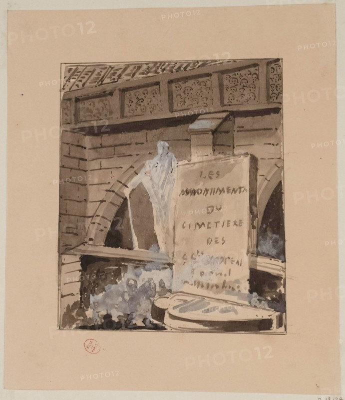 The monuments of the cemetery of the Holy Innocents, engraving on wood project.
