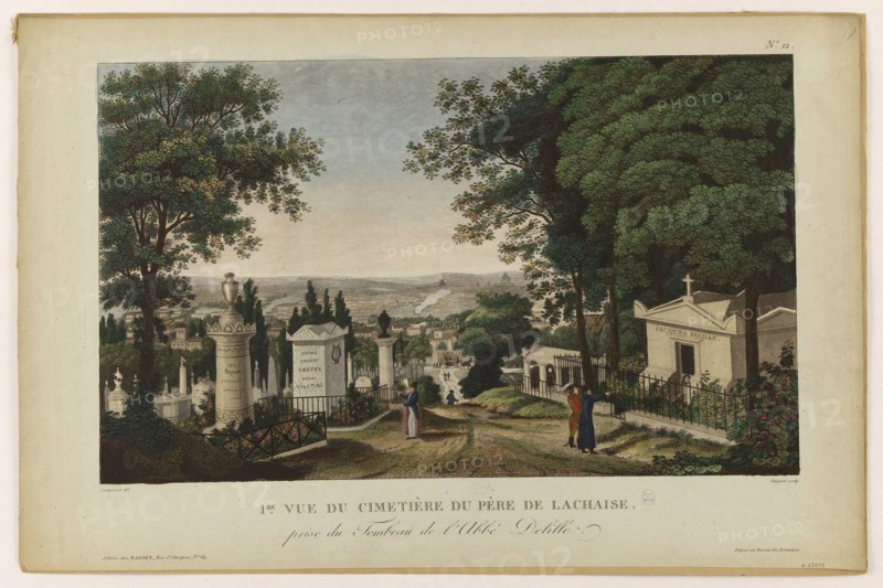 First view of Père-Lachaise cemetery taken from the tomb of Delille Guiguet et Courvoisier. "Première vue du cimetière du Père-Lachaise prise du tombeau de l'abbé Delille". Paris (XXème arr.). Eau-forte coloriée. Paris, musée Carnavalet.