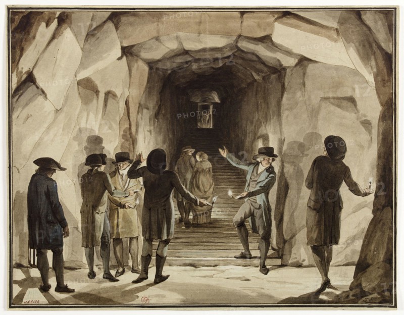 Visit the Catacombs under the Directory S.J. Visite aux Catacombes, sous le Directoire. Lavis de sépia et aquarelle. Paris (XIVth arr.). Paris, musée Carnavalet.