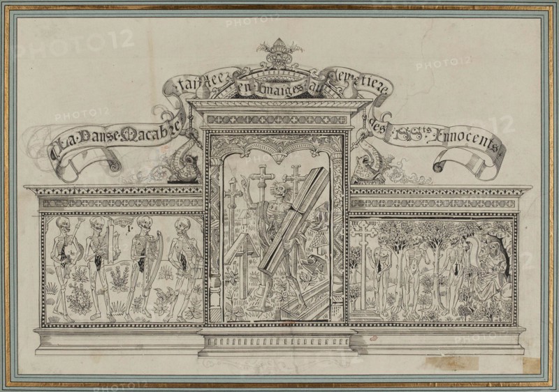 The Dance of Death carved images in the cemetery of the Holy Innocents