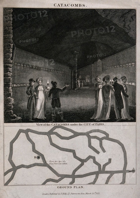 Gentlemen and ladies equipped with torches visiting the catacombs beneath the city of Paris. Engraving with etching.