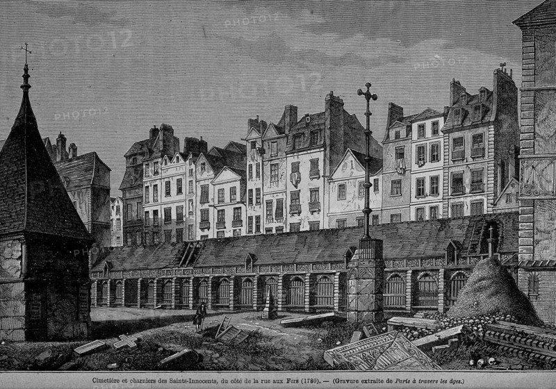 Cemetery of the Innocents in Paris. Wood engraving by F.L. Méaulle
