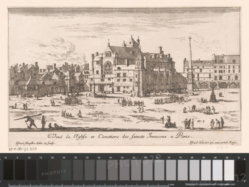 View of the Church and the cemetery of Saints Innocents, Israel Silvestre, 1650 print   paper etching landscape with other man-made constructions not mentioned above, e.g.: graveyards, playgrounds, etc. Church of the Holy Innocents