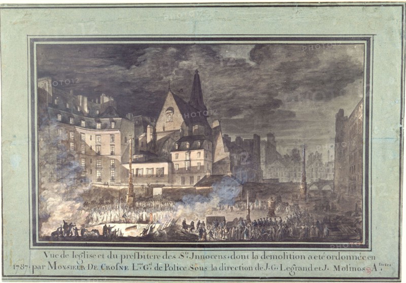 View of the church and the presbytery of the innocent saints, whose demolition was ordered in 1787 ". Drawing of Sobre. Paris, Carnavalet Museum. 25820-12 Demolition ordered, drawing, Church, crowd, night, innocent holy presbyter