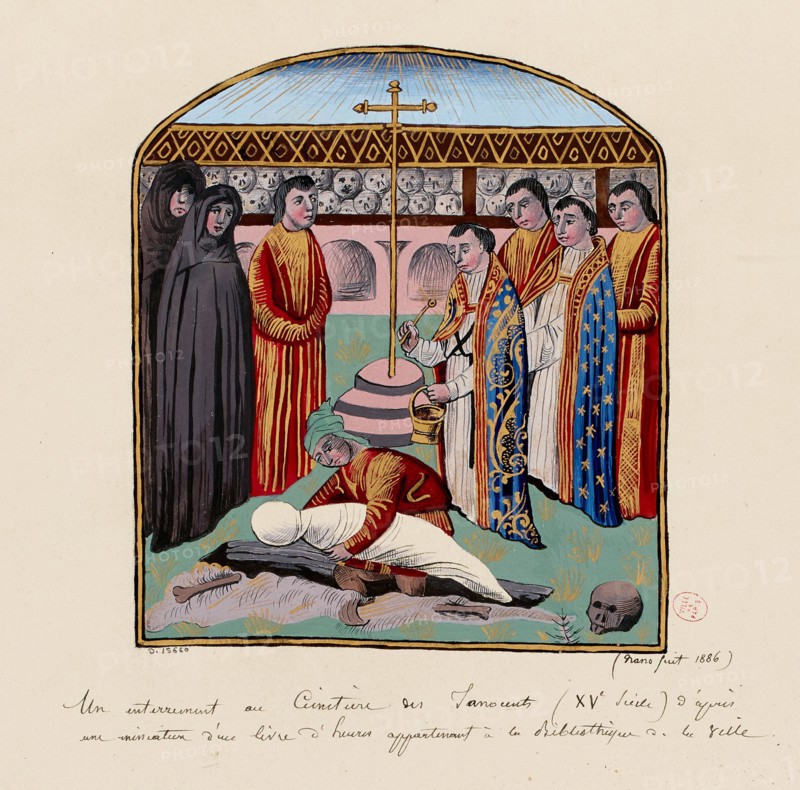 Nano, a burial in the innocent cemetery in the 15th century, according to a miniature of a book of hours. (Faithful title), 1886. Carnavalet Museum, History of Paris.