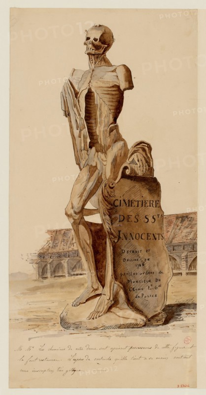 Lavalley, the cemetery of the Saints-Innocents, copy according to the drawings of Bernier. Skeleton with a cartridge. (Dummy title). Carnavalet museum, history of Paris.