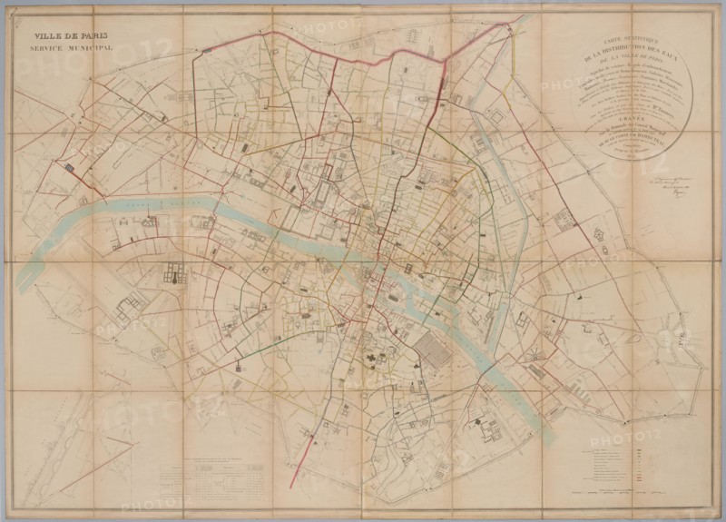 Statistical map of the distribution of waters of the city of Paris […], executed under the orders and by the care of Mr. Emmery, engraved at the request of the Municipal Council and according to the decree of April 14, 1837 of the Count of Rambuteau […] Completed until December 31, 1850], 1851. Musée Carnavalet, Histoire de Paris.