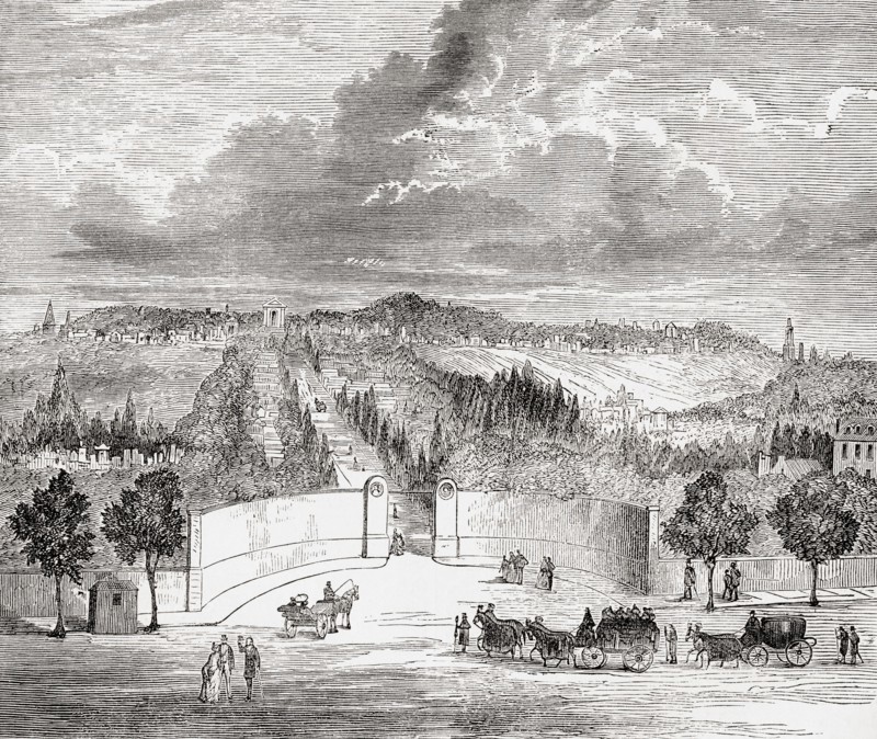 The cemetery of Père Lachaise, Paris, France, seen here in the 19th century.  From Cassell's Illustrated History of England, published c. 1880.