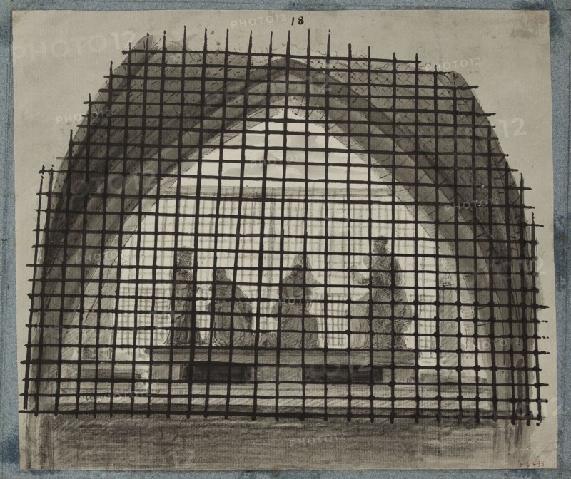 Funerary statues seen through a gate, Cemetery of the Innocents, present-day Rue Saint-Denis, Rue Berger, Rue de la Lingerie, and Rue de la Ferronnerie, 1st arrondissement, Paris, Bernier, Claude-Louis, Draughtsman, 1786, last quarter of the 18th century, Drawing, Dimensions - Artwork: Height: 23.5 cm, Width: 27.2 cm, Dimensions - Mount: Height: 50 cm, Width: 33.4