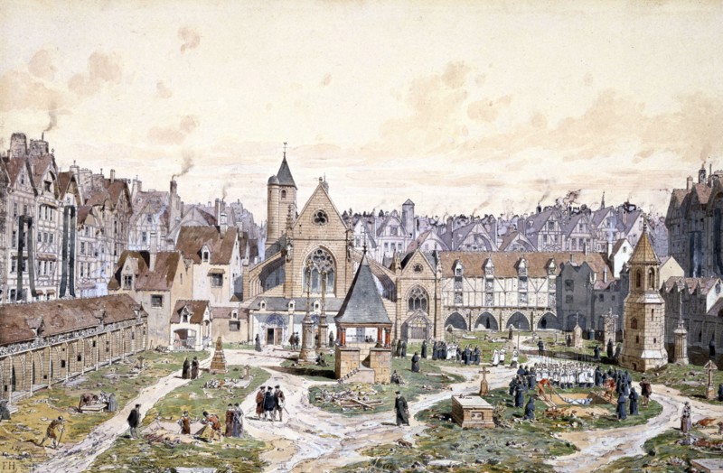 The Cemetery and Church of the Innocents, 1550 (Retrospective Composition). Fédor Hoffbauer, Draughtsman, Graphic Arts, Drawing, Drawing, Dimensions - Artwork: Height: 20 cm, Width: 30.4 cm, Dimensions - Museum mount: Height: 40 cm, Width: 50