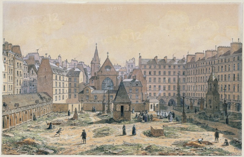 The Cemetery of the Innocents in 1750 (Retrospective Composition), Hoffbauer, Fedor, Draughtsman, Graphic Arts, Drawing, Drawing, Dimensions - Artwork: Height: 19.5 cm, Width: 30.5 cm, Dimensions - Museum mount: Height: 40 cm, Width: 50
