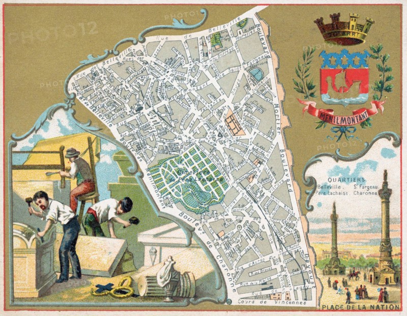 This vibrant 1888 French chromolithograph map illustrates the Menilmontant district of Paris, featuring intricate street details and topographical elements. It highlights significant quartiers like Belleville, Père Lachaise, and Charonne, juxtaposing detailed cartography with vignettes of workers and the Place de la Nation.