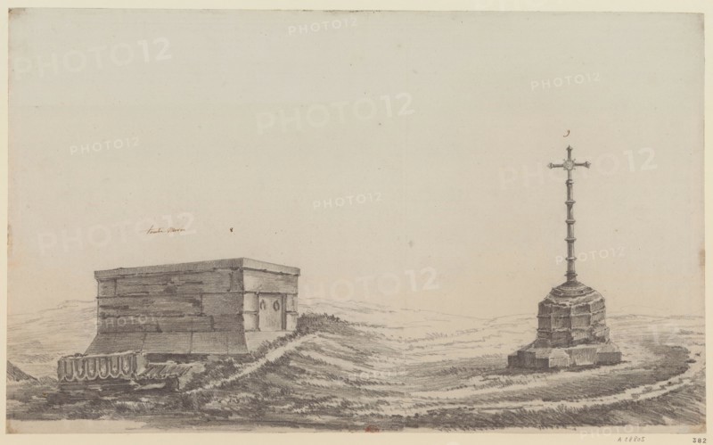Drawing records a tomb and cross structure from the Cemetery of the Innocents in Paris, presenting funerary architectural forms and memorial composition associated with burial spaces in the historic central district, reflecting study of tomb design and cemetery monuments.