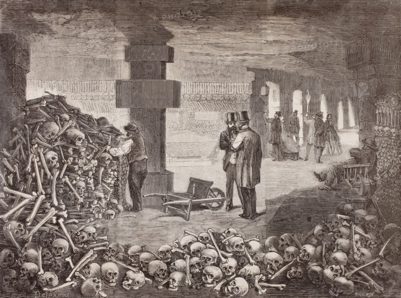The Catacombs of Paris or Catacombes de Paris, Paris, France in the mid 19th century.