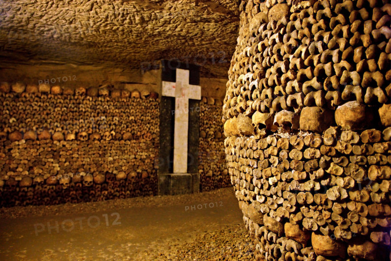 In the Catacombs of Paris, a huge ossuary in some abandoned mines in Montparnasse, Paris, France.