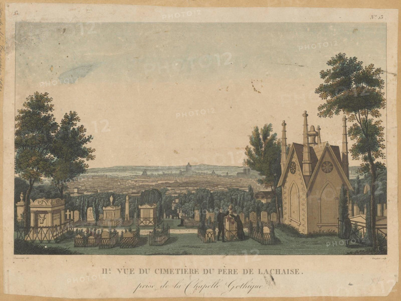 English: View of Pere-Lachaise Cemetery from the Gothic Chapel, engraved by Guiguet Français: Vue du cimetière du Père-Lachaise depuis une chapelle Gothique, gravée par Guiguet . between 1810 and 1830. Courvoisier - View of Pere-Lachaise Cemetery from the Gothic Chapel
