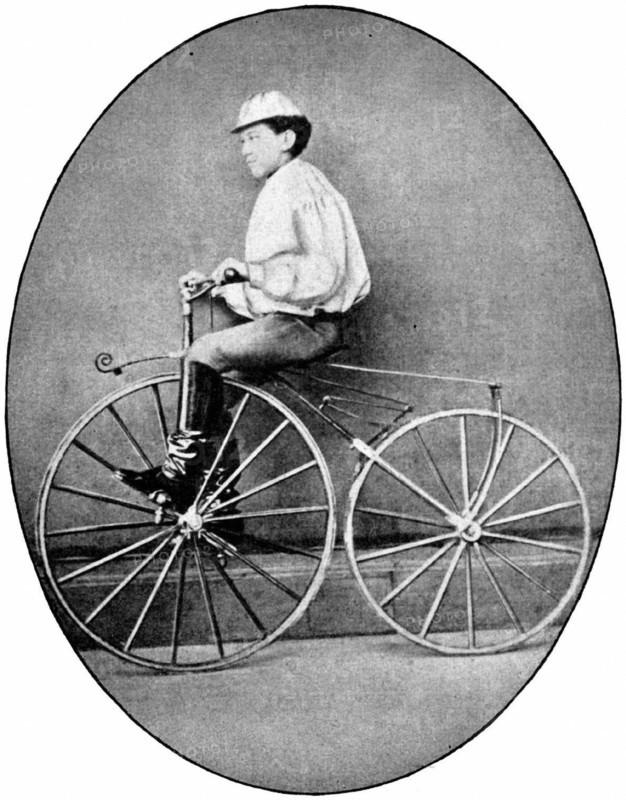 Henri Michaux demonstrating the pedal velocipede in 1869