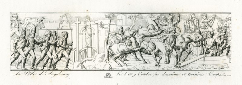 Colonne Vendôme : Le 9 octobre 1805, le 4e corps entre dans la ville d'Augsbourg. Les 8 et 9 octobre, les 2e et 3e corps passent le Danube à Neubourg.