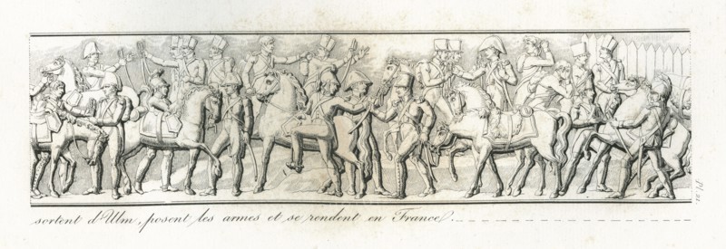 Colonne Vendôme : Le 20 octobre 1805, 1500 officiers et 40000 hommes sortent d'Ulm, posent les armes et se rendent en France.