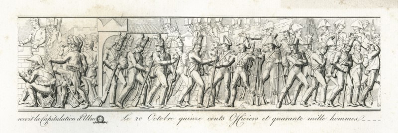 Colonne Vendôme : Le 17 octobre 1805, le maréchal Berthier reçoit la capitulation d'Ulm. Le 20 octobre, 1500 officiers et 40000 hommes sortent d'Ulm, posent les armes et se rendent en France.