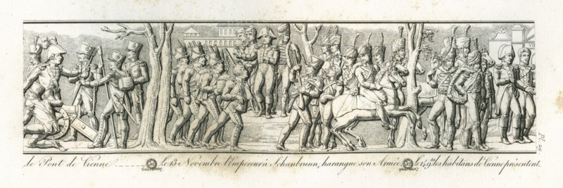 Colonne Vendôme : Le 13 novembre 1805, l'empereur Napoléon 1er, à Schönbrunn, harangue son armée. Le 14 novembre, les habitants de Vienne présentent les clefs de leur ville à l'empereur.