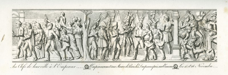 Colonne Vendôme : Le 14 novembre, les habitants de Vienne présentent les clefs de leur ville à l'empereur. L'empereur remet aux maires de Paris les drapeaux pris à l'ennemi.
