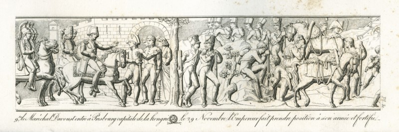 Colonne Vendôme : Les 27 et 28 novembre 1805, le maréchal Davoust entre à Presbourg, capitale de la Hongrie. Le 29 novembre, l'empereur fait prendre position à don armée et fortifie le Santon.