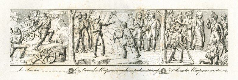 Colonne Vendôme : Le 29 novembre 1805, l'empereur Napoléon 1er congédie un parlementaire russe. Le 1er décembre, l'empereur visite ses avant-postes pendant la nuit.