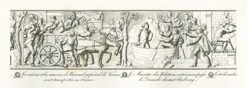 Colonne Vendôme : décembre 1805, les canons et les armures de l'arsenal impérial de Vienne sont transportés en France. Le ministre des Relations Extérieures passe le Danube devant Presbourg.