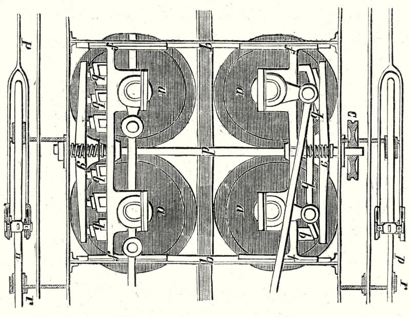 The horizontal wheels and the central rail of the locomotive of the Mont Cenis railway