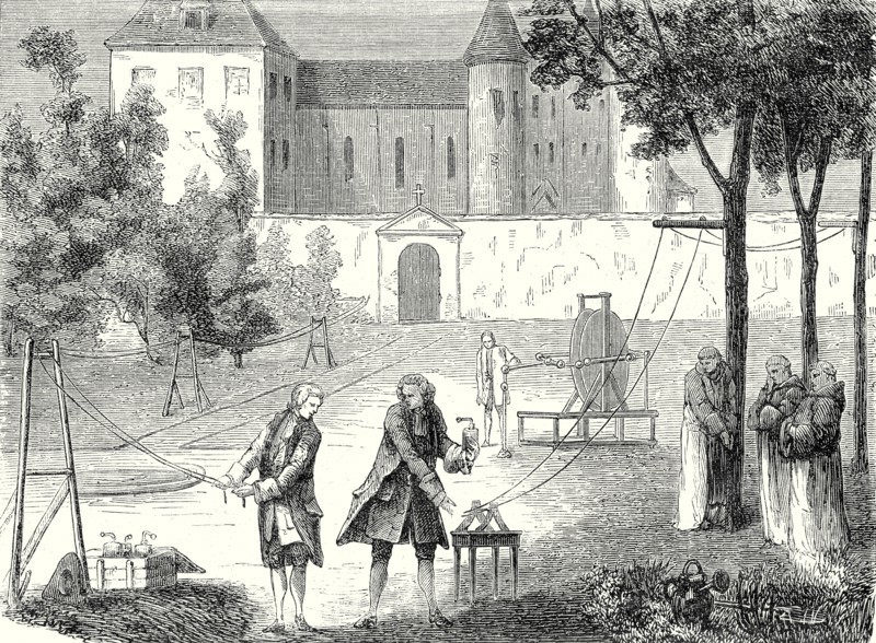 Experiment conducted in 1746 by Lemonnier in the monastry of Chartreux to measure the speed of electricity