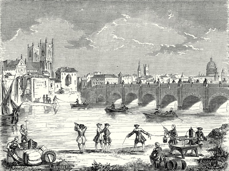 Experiment conducted in 1747 on the Thames by Martin Folcker, Cavendish and Bevis near London Bridge to measure the speed of electricity