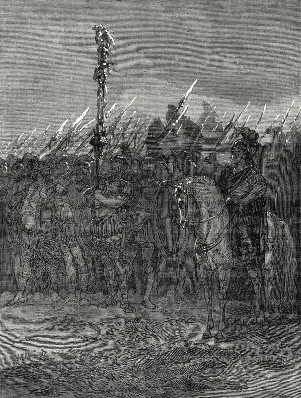 The spearheads of the army of Caesar sparkle in the wake of a storm
