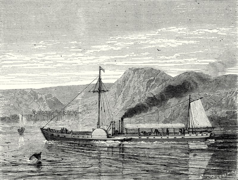 Le 'Clermont', premier bateau à vapeur de Fulton, naviguant sur l'Hudson, de New-York à Albany