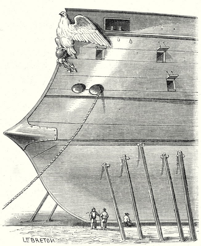 The front of a steam-propelled ironclad warship