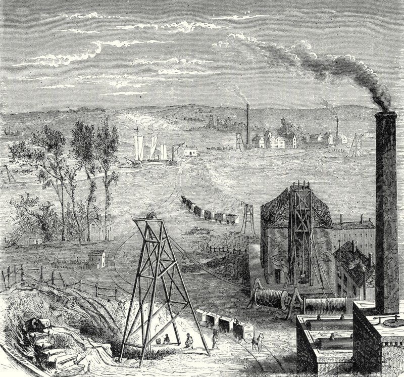 A coal mine in Newcastle, with wagons drawn by horses on wooden rails