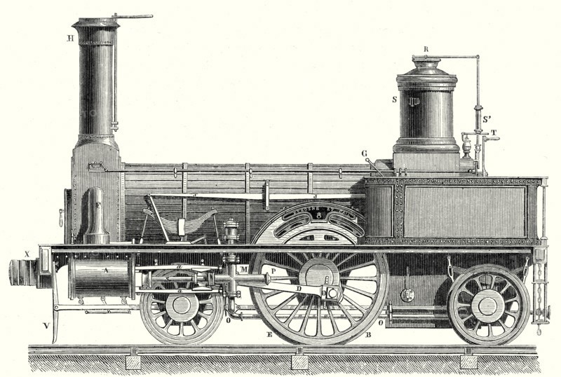 Sideview of a locomotive showing the mechanism of the engine